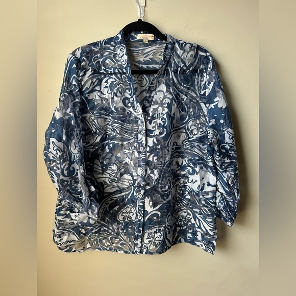 Choices Tops - Vintage Choices Women’s Blue White Linen Blend Blouse Size XL